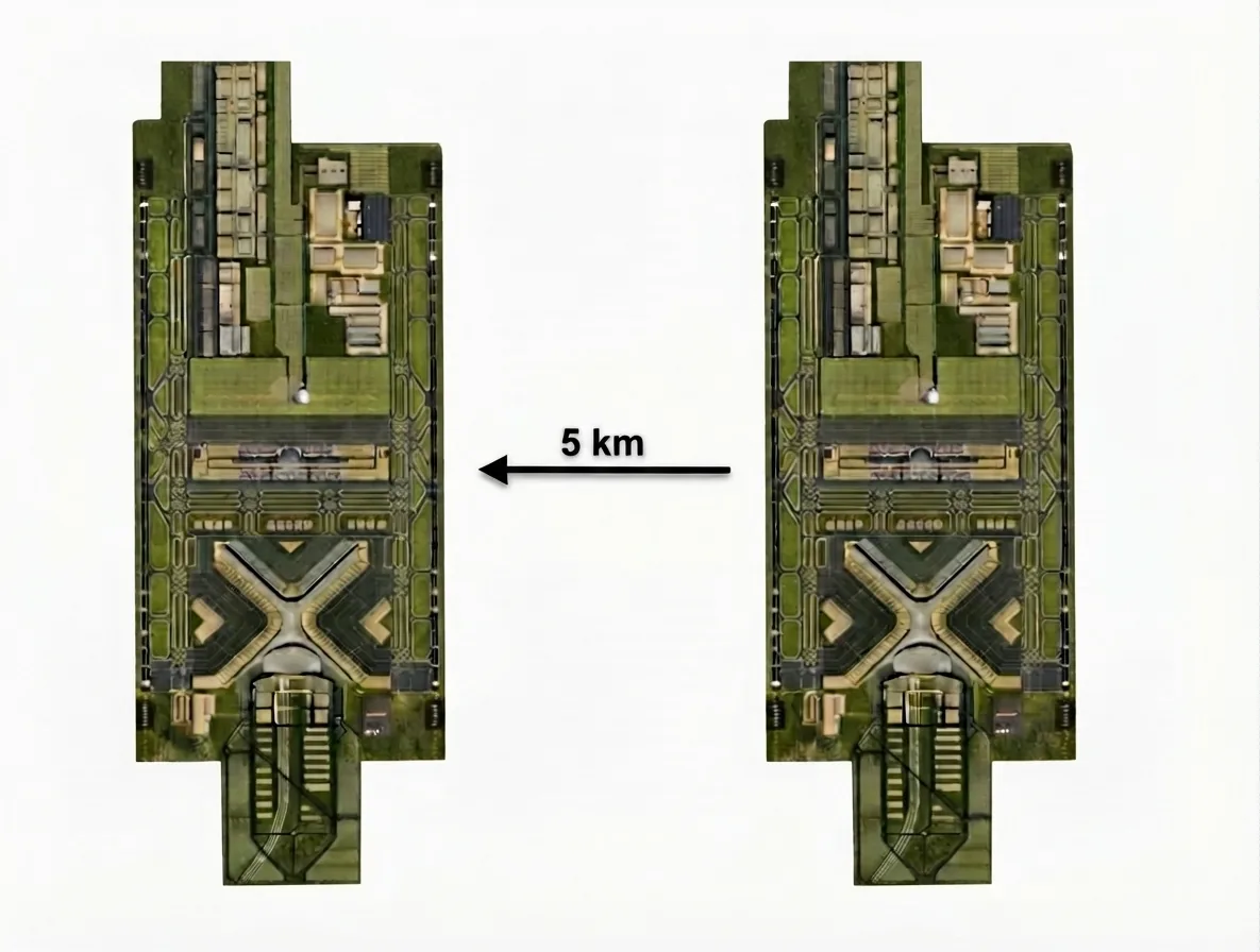 Confronto tra la configurazione a est e la Variante Ovest dell’Aeroporto Luís de Camões, distanti circa 5 km.