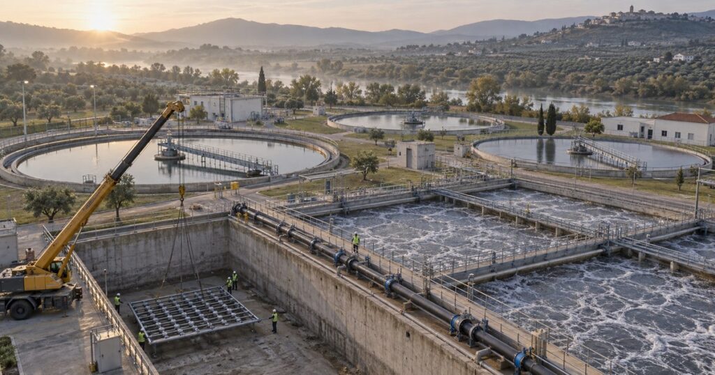 ETAR em funcionamento com um tanque de arejamento esvaziado para remodelação: grua a instalar uma nova grelha de difusores, tubagem de by-pass provisória e decantadores circulares em serviço ao lado. Imagem ilustrativa.
