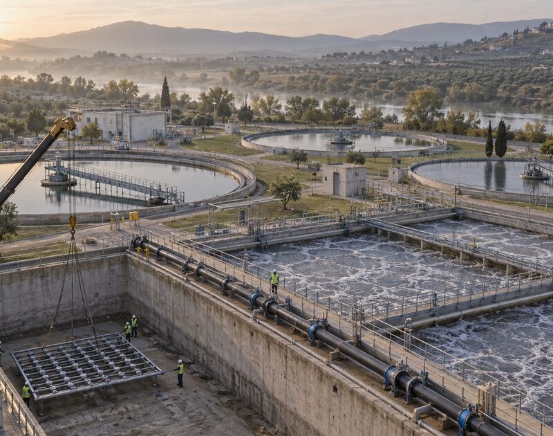 ETAR em funcionamento com um tanque de arejamento esvaziado para remodelação: grua a instalar uma nova grelha de difusores, tubagem de by-pass provisória e decantadores circulares em serviço ao lado. Imagem ilustrativa.