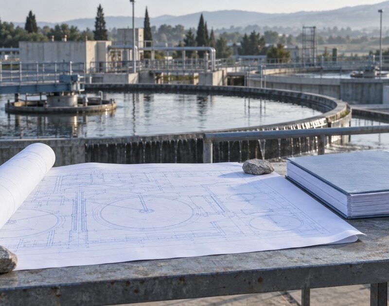 Mesa de obra numa ETAR em funcionamento: desenhos técnicos de um projecto abertos e segurados por pedras, e um dossier de peças do procedimento ao lado; ao fundo, decantadores circulares em serviço. Imagem ilustrativa.
