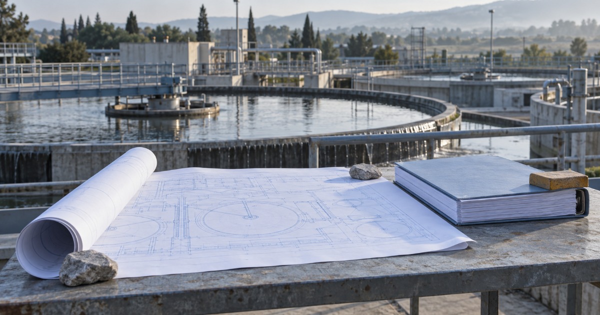 Tavolo di cantiere in un depuratore in esercizio: disegni tecnici aperti e fermati da pietre, accanto un faldone degli atti di gara; sullo sfondo, i sedimentatori circolari in funzione. Immagine illustrativa.