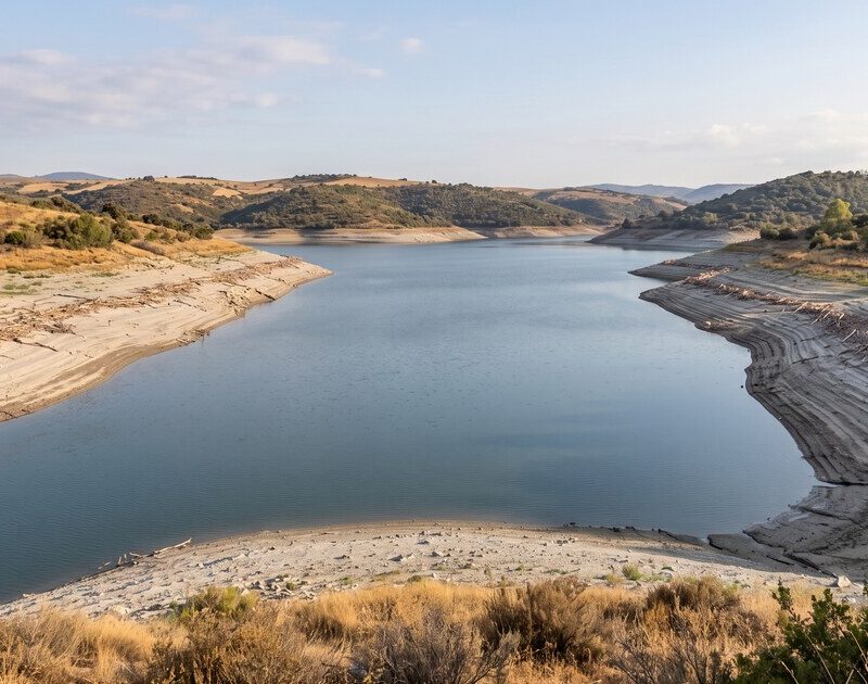 Immagine generata con IA: invaso con livello basso a fine estate e il segno della piena invernale sulle sponde.